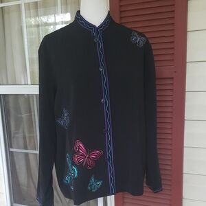 COLD WATER CREEK Vintage Embroidered Butterfly Button Up Jacket